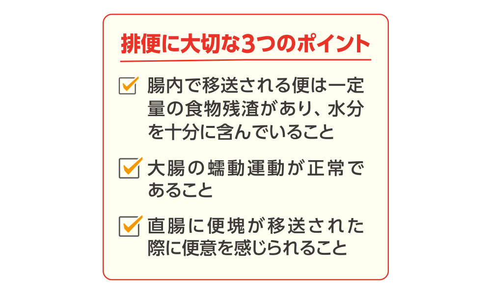 排便に大切な3つのポイント・腸内で移送される便は一定量の食物残渣があり、水分を十分に含んでいること・大腸の蠕動運動が正常であること・直腸に便塊が移送された際に便意を感じられること